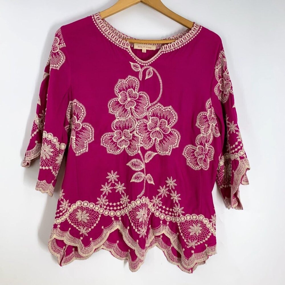 Solitaire Women Floral Butterfly Embroidered 3/4 Sleeve Artsy Blouse Size S